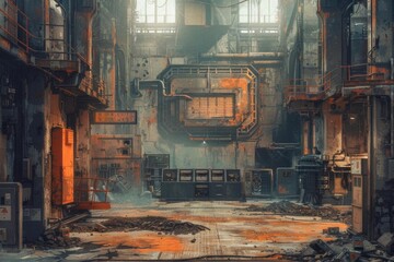 Post-apocalyptic ai semiconductor factory, rusty remnants of high technology