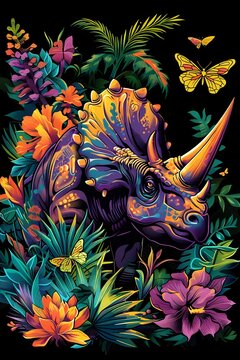 Vibrant Triceratops Grazing in Lush Jurassic Meadow with Colorful Wildflowers and Fluttering Butterflies