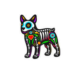 Mexican day of the dead dog animal sugar skull tattoo. Isolated vector Dia de los muertos, puppy shape with vibrant floral motifs and bones symbolizing remembrance and celebration of deceased pets