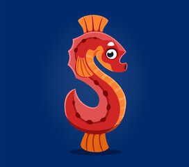 Underwater sea animals in font or undersea type of seahorse in dollar sign, cartoon vector character. Ocean alphabet typeface and sea font type special symbol of underwater coral reef seahorse animal
