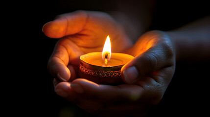 small candle burning held in hands on black background, A hand holding a lit candle in a small bowl Generative Ai 