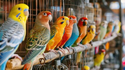 The Vibrant Palette of Avian Captivity A Visually Stunning Display of Diverse Birdcages and Perches - Powered by Adobe