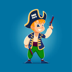 Cartoon funny kid boy pirate corsair with pistols. Vector playful young child dressed as a sea captain, complete with a skull and crossbones hat and colorful costume, cheerfully holding toy gun