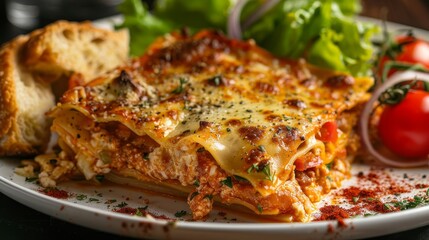 Close-up of delicious lasagna served with a crisp salad and garlic bread, highlighting the textures and colors, isolated background, studio lighting