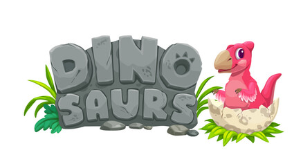 Prehistoric cartoon dino in eggshell. Isolated vector funny pterodactyl baby dinosaur character sitting in the broken egg shell alongside with text on stone plate. Lovely newborn, jurassic dino child © Vector Tradition