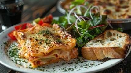 Close-up of delicious lasagna served with a crisp salad and garlic bread, highlighting the textures and colors, isolated background, studio lighting