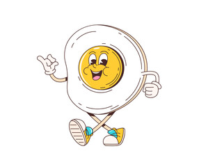 Cartoon groovy retro fried egg character with funny smile on face, vector funky comic. Groovy cartoon or 70s retro hippie quirky character of fried egg with happy yolk face and positive vibe emotion