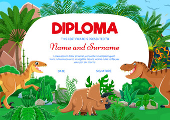 Kids diploma, cartoon dinosaurs in tropical jungle forest. Children vector award certificate with bright, playful T-Rex, smiling triceratops, tropical foliage, palm trees, ferns and volcanic landscape