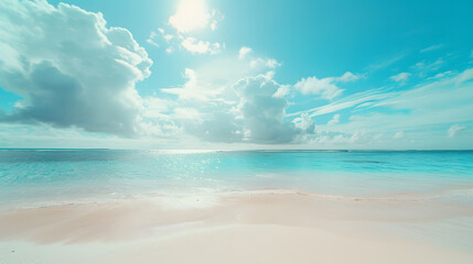 Fototapeta premium Beautiful white sand beach and blue sky with clouds in the background, summer vacation concept
