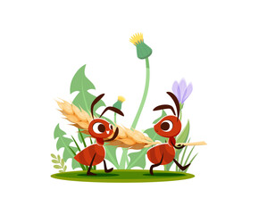Cartoon ants carry wheat ear for food in meadow grass, vector funny insect characters. Happy ants carrying wheat spikelet to anthill nest walking among field flowers, child cartoon illustration