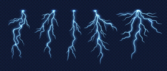 Lightning thunderstorm effect. Electric sparks, blue flash strikes, thunder bolts. Set of realistic 3d zippers, storm or shock, natural powerful light charges. Abstract electricity and explosion glow