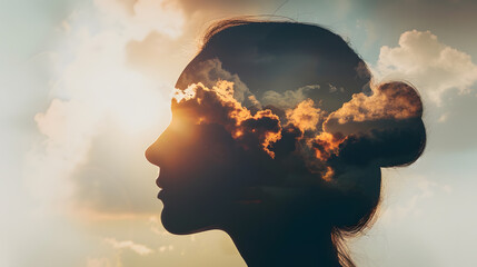 Psychology and woman mental health and weather dependent concept Multiple exposure clouds and sun on female head silhouette : Generative AI