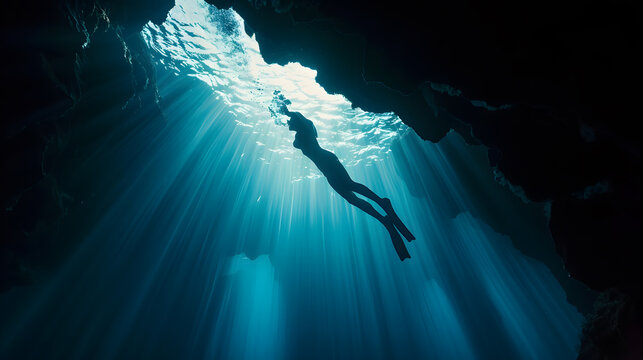 silhouette of free diver woman freediving in cave : Generative AI