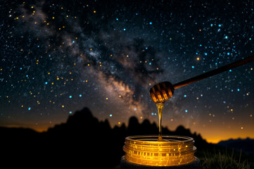 honey dripping into a jar on a galaxy/ night sky with stars background with copy space