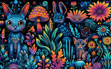 abstract wallpaper in phihedelic dark colors with forest animals and plants, contrast colors background