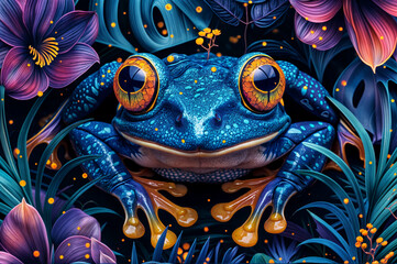 tropical wallpaper with close up blue frog, contrast dark colors illustration