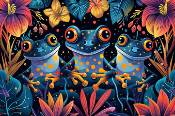 tropical wallpaper with 3/ three blue frogs, contrast dark colors illustration