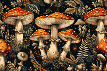abstract wallpaper with brown red mushrooms in the forest on dark background illustration