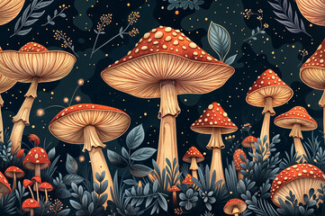 abstract wallpaper with brown red mushrooms in the forest on dark background illustration