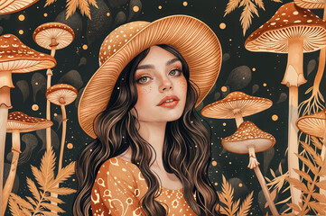 abstract wallpaper with a young woman wearing a mushroom hat with brown mushrooms in the forest on dark background illustration