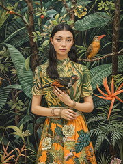 tropical wallpaper with the portrait of a girl holding a bird on exotic leaf background illustration