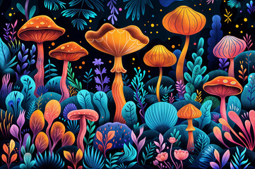abstract wallpaper in phihedelic dark colors with forest mushrooms plants, contrast colors background