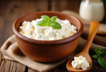 A traditional clay bowl filled with cottage cheese, next to a wooden spoon on a dark wooden background