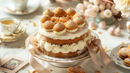 Cream cheese filled sponge cake topped with Savoiardi cookies surrounded by a decorative ribbon and a selection of greeting cards