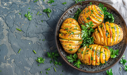 Baked Hasselback Potato with fresh herbs in a plate. Gray concrete background. Top view, copy space