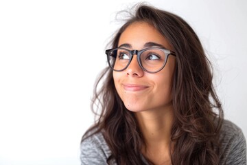 Obraz premium Glasses Person. Young Hispanic Woman Wearing Glasses Smiling in Studio Portrait