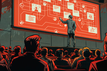 comic book illustration of a man on stage giving a presentation and people in conference hall watching