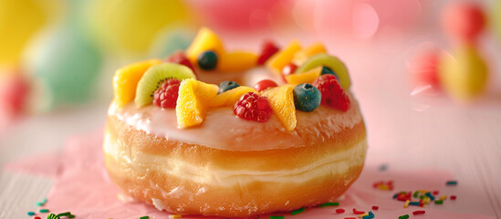A donut with a colorful fruit topping, set against a bright and cheerful background, celebrating...