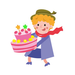 Cute grandmother in hat with cake for granddaughter. Birthday. Cartoon vector isolated illustration for design. 