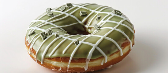 A donut with matcha glaze and white chocolate drizzle, photographed with a modern aesthetic for National Donut Day. 32k, full ultra HD, high resolution.