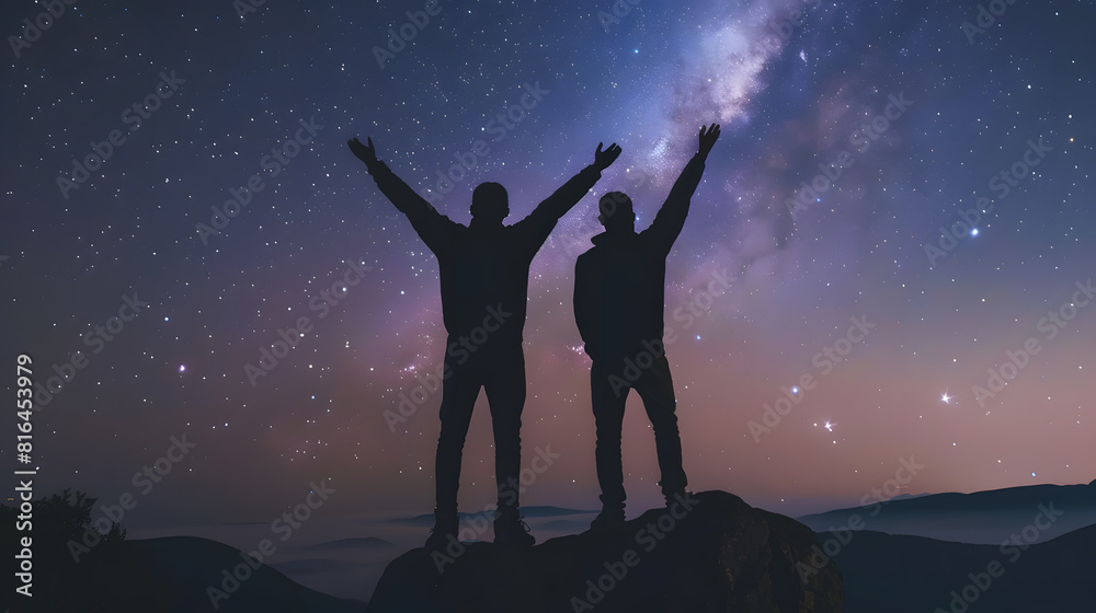 Poster silhouette of two young man standing open arms and watched the star milky way and night sky on top o