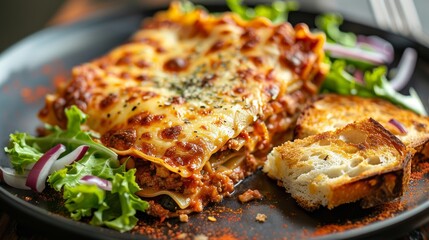 Artistic close-up of lasagna with fresh salad and garlic bread on the side, emphasized for clarity and appeal in advertising, isolated background