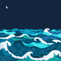 Naklejka premium Nature Background of Blue Sea Ocean Water Waves with Crescent at Night