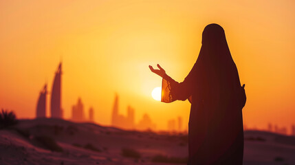 Arabic woman weared in traditional UAE dress  abayain rising her hands on the sunset at a desert with Dubai city silhouette on the background : Generative AI