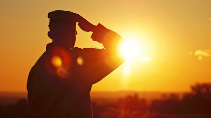 Silhouette Of A Solider Saluting Against the Sunrise Concept  protection patriotism honor : Generative AI