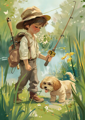 Dessin rétro, vintage, illustration livre pour enfant, jeune garçon allant à la pêche avec son équipement et son chien, au bord d'une rivière. 