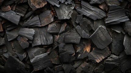 Artistic arrangement of natural wood charcoal from above, showing unique textures and forms, ideal for ads, studio lighting