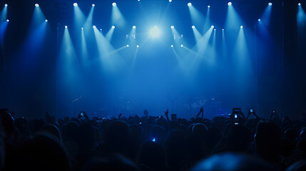 A crowded concert hall with scene stage lights in blue tones rock show performance with people...