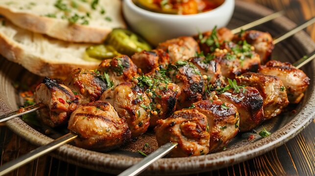 Shish tawook kebab with pickle and bread served in a dish isolated on wooden background side view