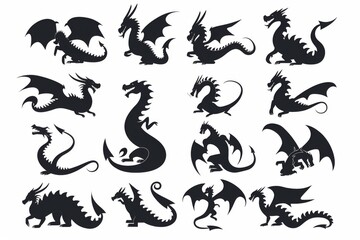 Fototapeta premium Silhouettes of dragons, depicted in various shapes and sizes, appear as black vector icons against a white backdrop. These designs embrace a straightforward style, characterized by flat colors