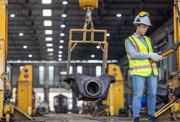 Maintenance engineer uses machine to lift and replace locomotive parts, reducing carbon emissions.