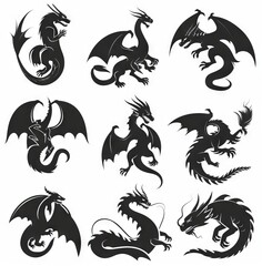 Obraz premium Silhouettes of dragons, depicted in various shapes and sizes, appear as black vector icons against a white backdrop. These designs embrace a straightforward style, characterized by flat colors