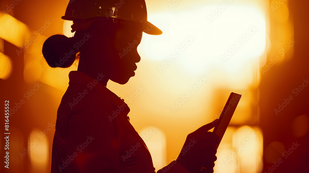 Poster silhouette of african engineer using tablet pc : generative ai