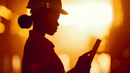 Silhouette of African engineer using tablet PC : Generative AI