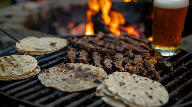 style beef on a charcoal grill as part of family and friends weekend reunion home made carne asda with tortillas and beer