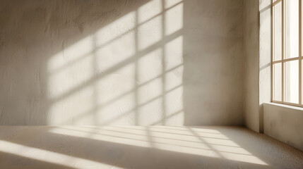 Beige background with shadows from the window on plaster wall, beige carpet floor, minimal mockup scene for product presentation display in studio room